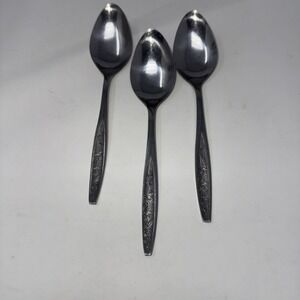 VTG MCM Custom Craft Stainless Textured 3 Rose Flatware 3 Tablespoons Silverware